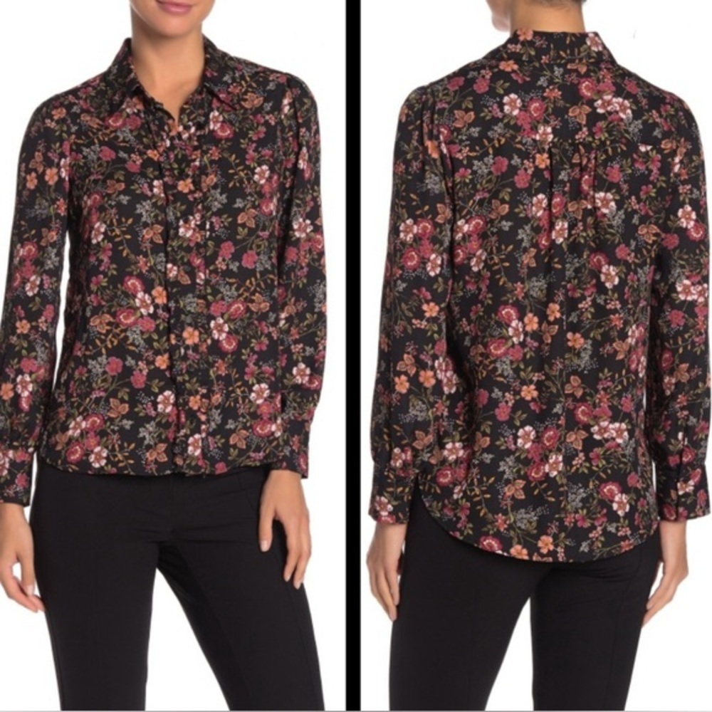 Pleione Ruffle Black Floral Print Top